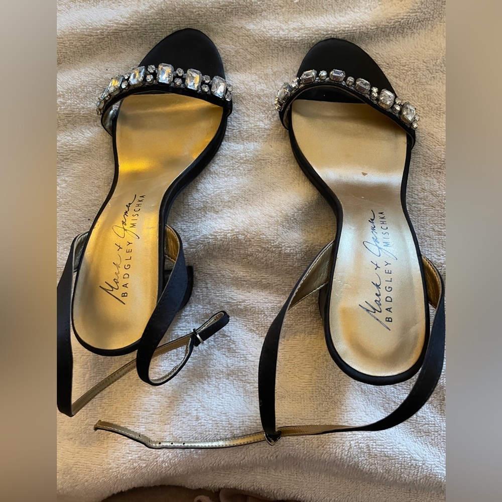 Badgley Mischka Black and Gold Jewel-Embellished Open-Toe Heels